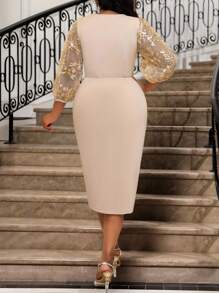 Fleurora 春夏优雅米色针织 V 领美人鱼开衩撞色网眼亮片刺绣拼布荷叶边下摆长款加大码连衣裙 - 杏色 - 查看 3