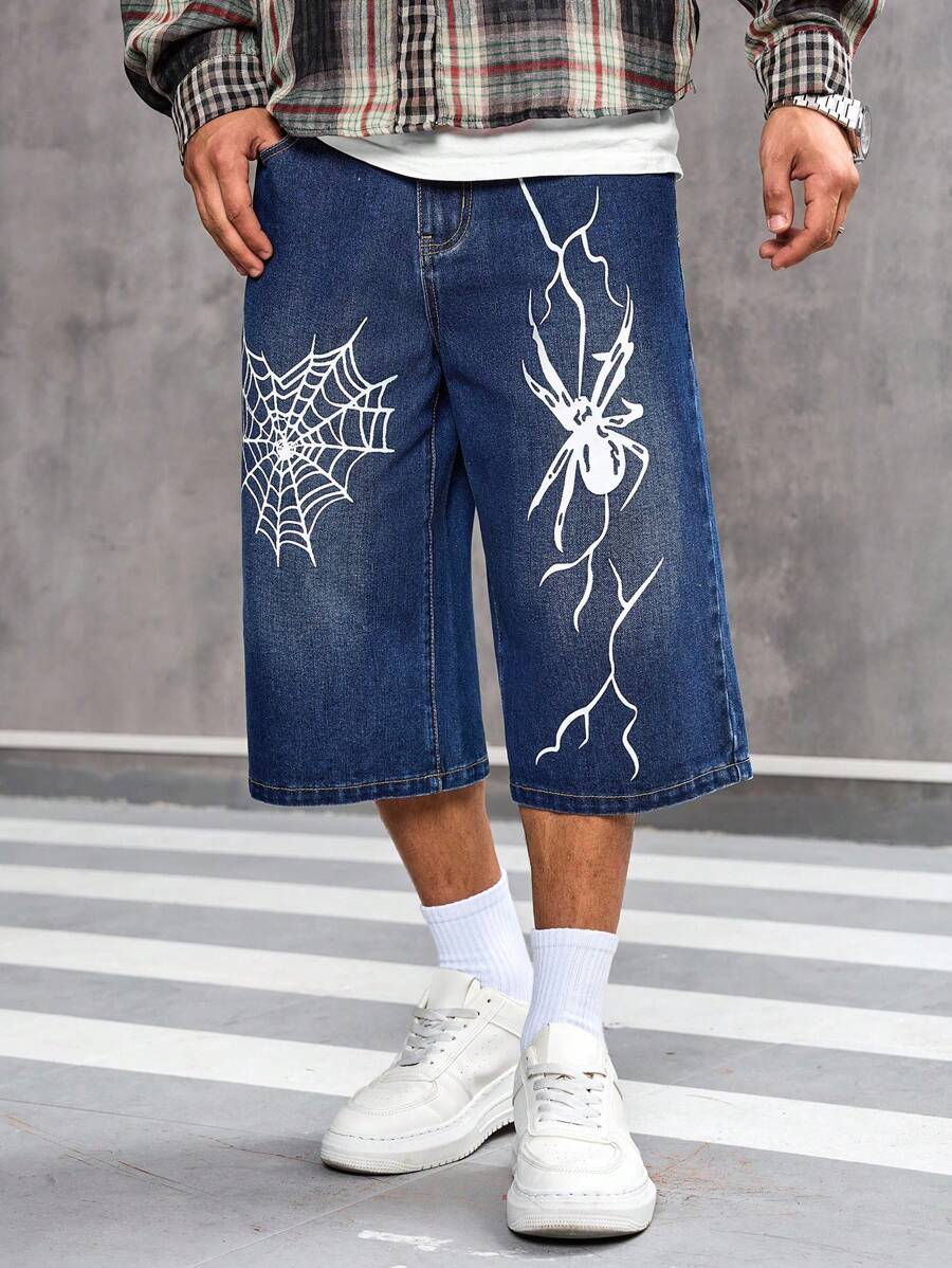 Manfinity Roughcore Men's Spider Print Pocket Loose Casual Baggy Denim Shorts - Medium Wash - View 1