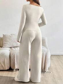 SHEIN Conjunto de 2 piezas de top y pantalones asimétricos de unicolor casual para mujeres embarazadas - Albaricoque - Ver 2