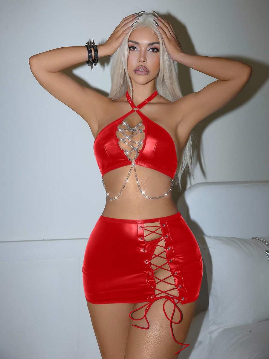 SHEIN 3件套女士性感链条交叉绷带内衣套装