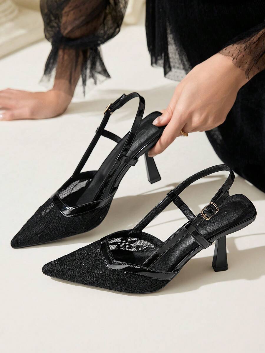 CUCCOO CHICEST 女士花卉刺绣蕾丝尖头细高跟中跟优雅浪漫性感时尚哥特式黑色网眼高跟凉鞋,适合正式场合、派对、婚礼、万圣节、圣诞节、感恩节、情人节 - 黑色 - 查看 1