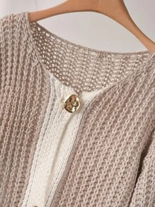 CosyJoli كارديجان محبوك سميك بألوان متباينة مع إبزيم معدني مقاس كبير للموسم الخريفي/الشتوي