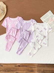 6 pezzi Set pigiama aderente per bimbe, con maglietta a maniche corte e pantaloni lunghi, motivo fiocco e cuore, tessuto elastico, lavabile in lavatrice, vestibilità comoda e facile da curare, adatto per bambine da indossare a casa come pigiama o abbigliamento casual, design minimalista facilmente abbinabile (3 set venduti separatamente)