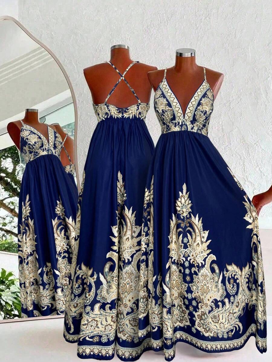 SHEIN LUNE Đầm Maxi Chữ A Cổ Chữ V Sâu In Họa Tiết Cổ Điển Cỡ Lớn, Phù Hợp Đi Chơi, Đi Nghỉ, Hẹn Hò, Tiệc Tùng - Nhiều màu - Xem 1