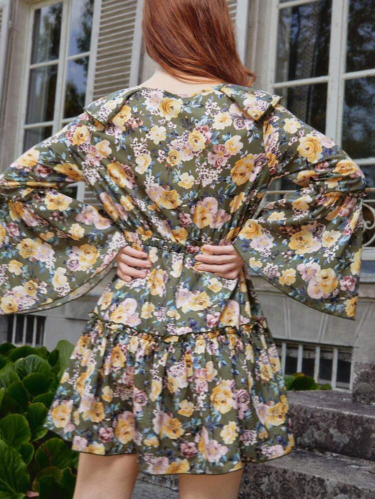 Floral Vintage Print Ruffle Mini Dress With Flared Sleeves Autumn Dress Going Out Dress Flowy Dress Spring Summer Dress Flowy Dress
