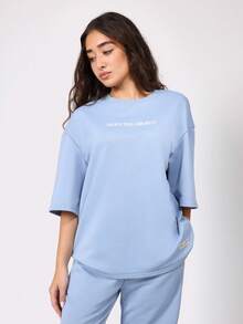 SUMWON Oversized T-Shirt Jogger Co-Ord Set Create Your Own Rules Print Loose Fit Streetwear Athleisure Two Piece Fall Winter Wear - Blue - View 4