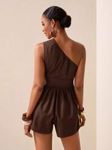 Zivah 2025 Spring/Summer New Music Festival, Easter, St. Patrick's Day, Western, Nomadic, Birthday Party, Graduation Season, Collegiate, Student Wear, Casual Daily, Basic Versatile, Leisure, Cruise Travel, Beach, Sun-Bask, Viral Online Hit, Street Style, Elegant Green Textured Fabric One Shoulder Pleated Design Waist-Cinching Wide-Leg Shorts Jumpsuit B Brown Romper Women - Brown - View 2