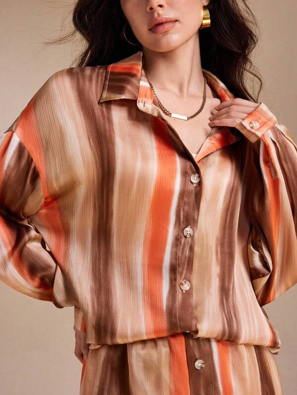 Spring Affair Camisa de satén con mangas largas, estampado abstracto y botones para mujer, elegante para vacaciones