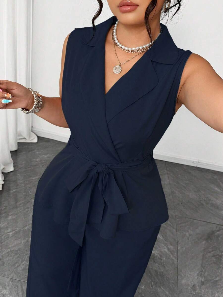Elenzga Plus Size Women Solid Color V-Neck Blazer And Pants Set, Elegant 2 Pieces Outfit For Spring And Summer - Navy Blue - View 1