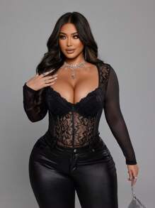 SHEIN LUNE 大码女式性感蕾丝长袖紧身优雅黑色紧身衣