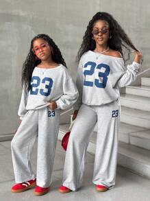 2pcs Tween Girls Fashionable Numeric Print Loose Knit Sweatshirt Set, Casual Daily Versatile Fashion Mommy And Me Matching Outfits (2 Pieces Sold Separately) Y2k Sweatpants Sweatpants Set 2 Piece Set Fall Winter