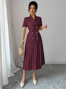 Elenzga Women's French-Style Elegant Office Casual Business Party Short Sleeve Dress, Collared, Metal Button, Empire Waist, High-Quality, Spring/Summer - Maroon - View 4