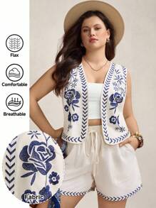 SHEIN LUNE 加大码两件套，全身刺绣套装，重工刺绣，无袖 V 领背心和阔腿短裤套装，休闲旅行亚麻沙滩装乡村音乐会装女士夏装女士两件套机场装女士优雅个性化派对，Ins 博主装，假日优雅装，优雅时尚通勤，办公室警笛风格装，休闲日常装，简约时尚 - 杏色 - 查看 1