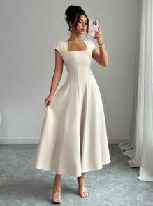 Elenzga Women's Elegant Square Collar Cinched Waist A-Line Midi Dress, Casual Vacation Style For Spring & Summer, Suitable For Commuting, Beach, Music Festival, Oktoberfest