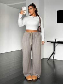 SHEIN EZwear 大码休闲抽绳针织直筒裤 - 卡其色 - 查看 3
