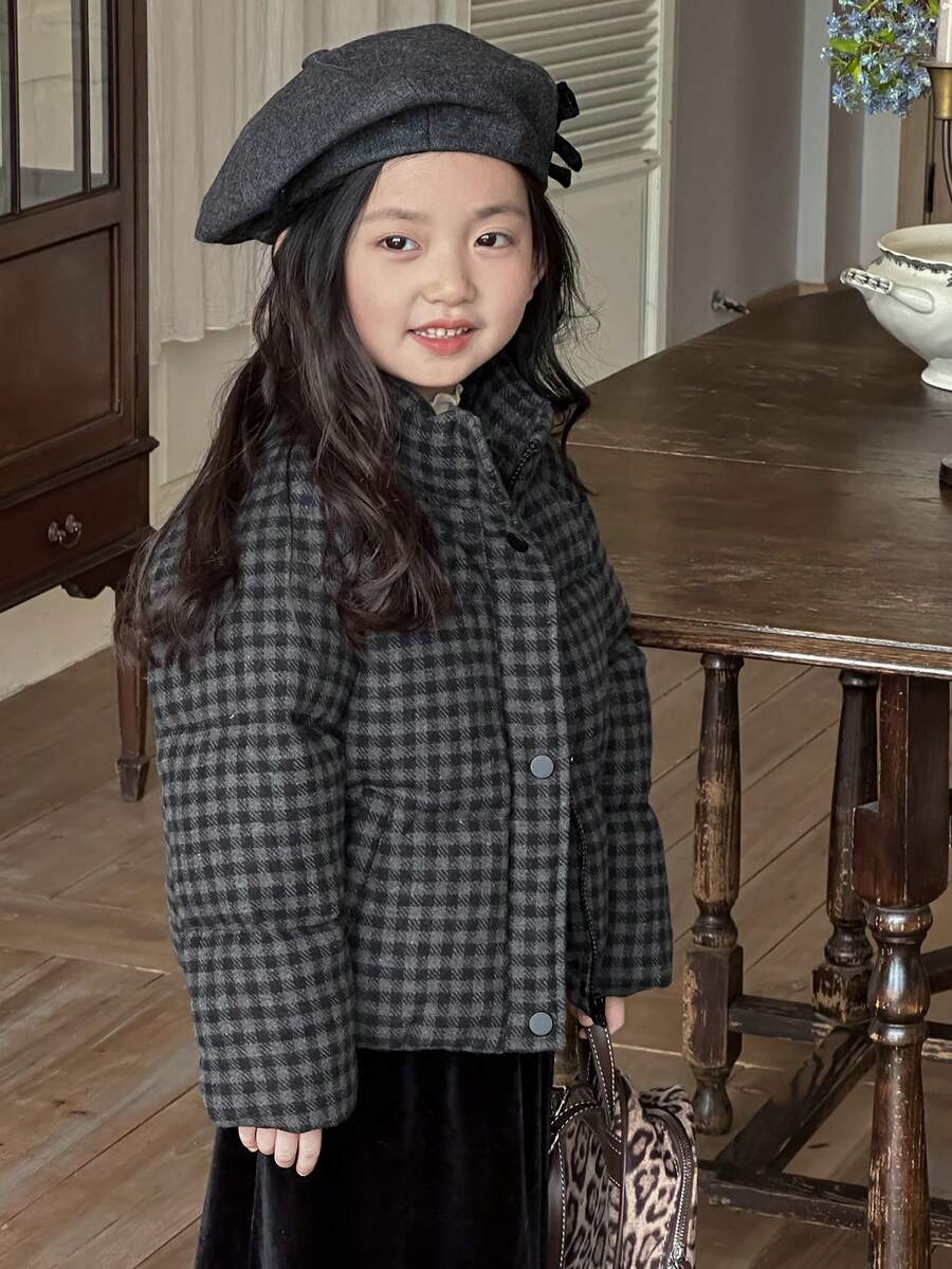 DAZY 少女格纹高领拉链开襟冬季外套 - 黑色 - 查看 1