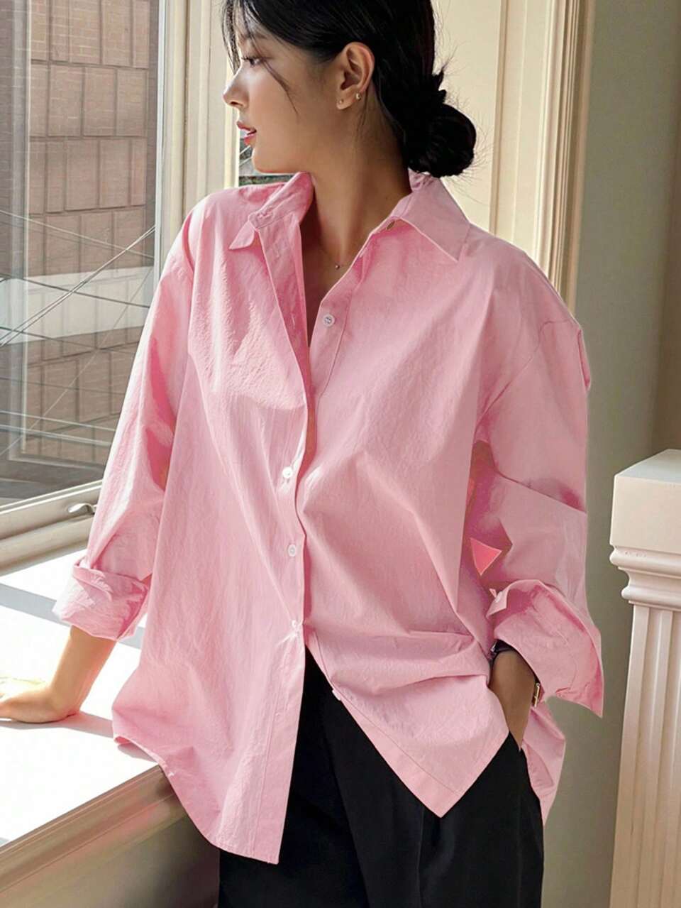 Solid Color Front Button Casual Versatile Loose Long Sleeve Shirt