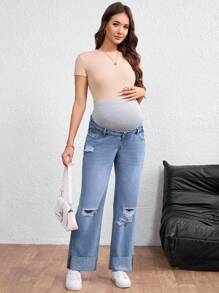 SHEIN 孕妇装撞色口袋做旧直筒休闲牛仔裤 - 中等水洗藍 - 查看 1