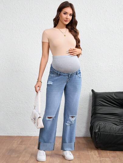 SHEIN Maternity Contrast Color Pocket Distressed Straight Leg Casual Jeans