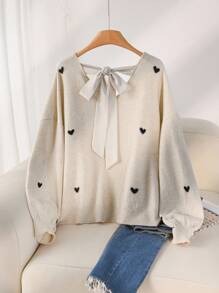 SHEIN CURVE+ Áo len hở lưng cổ chữ V họa tiết trái tim cỡ lớn cho nữ - Màu be - Xem 9