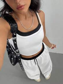 SHEIN 2pcs/Set Teens Street Style Casual All-Match Versatile Sports Fake 2-In-1 Tank Top + Contrast Trim Loose Pants Set - Black and White - View 6