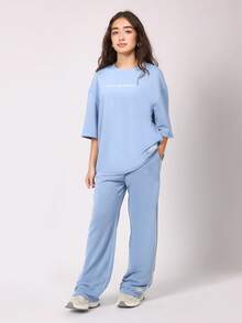 SUMWON Oversized T-Shirt Jogger Co-Ord Set Create Your Own Rules Print Loose Fit Streetwear Athleisure Two Piece Fall Winter Wear - Blue - View 2