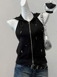 SHEIN EZwear Summer Hoodie Black Sleeveless Backless Hooded Zipper Sweatshirt In Fall/Winter - Black - View 3