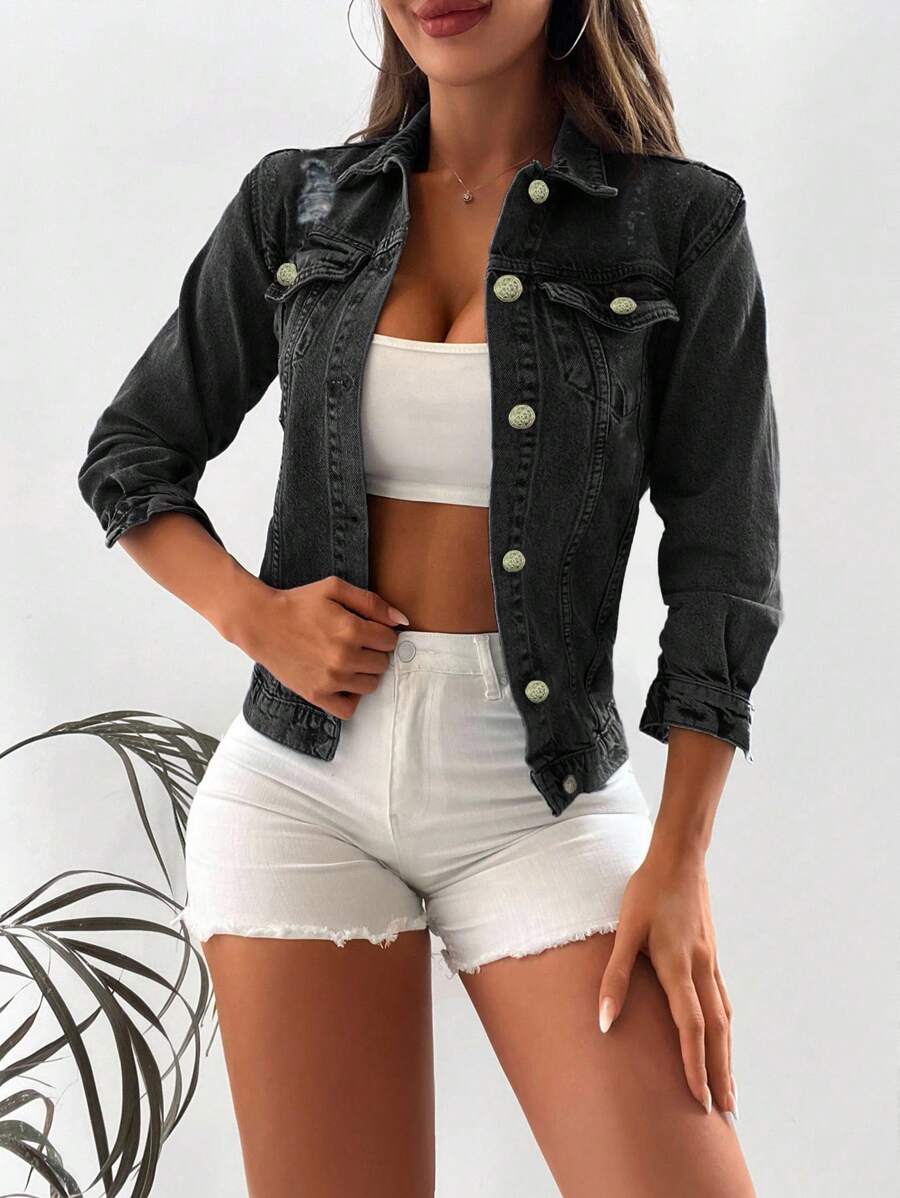 SHEIN Cottnline Flap Pocket Button Front Denim Jacket - Black - View 1