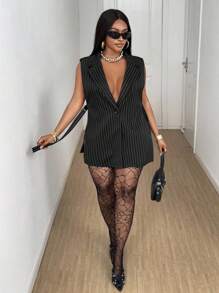 Maweii Chaqueta de traje delgada con solapa a rayas y sin mangas para mujer de talla grande - Negro - Ver 3