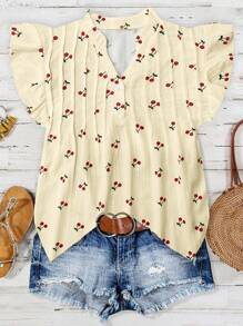 SHEIN Tall Women's Casual Cherry Blossom Print V-Neck Cap Sleeve Blouse, Textured Fabric, Spring/Summer - Yellow - View 6