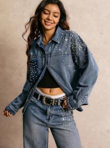 Easelle Western Sequin Women's Casual Washed Rhinestone Decor Top And Denim Jeans 2-Piece Set, Vintage, Fall Women Clothes Rave Concert Techno Outfits - Blue - View 4