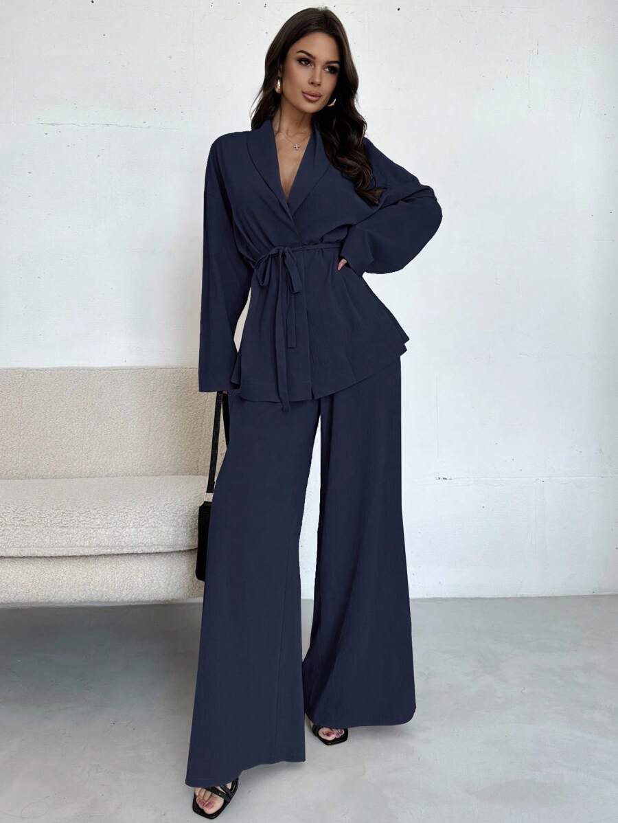 Firerie Women's Elegant Casual Vacation Commute Office Turndown Collar Belted Loose Shacket And High Waist Casual Wide Leg Pants, Suitable For Autumn & Summer - Navy Blue - View 1