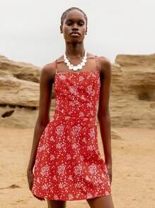 Lumivelle Women's Casual Vacation Floral Print Halter Tie Waist Bodycon Fish Tail Mini Dress, Summer - Red - View 5