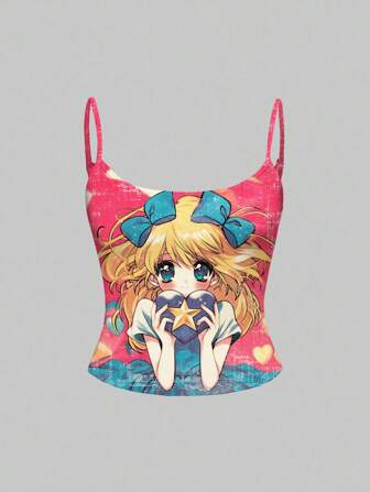 Anime Camiseta de tirantas sexy con gráfico de muñeca de niña de estilo kawaii inspirada en el anime para mujeres