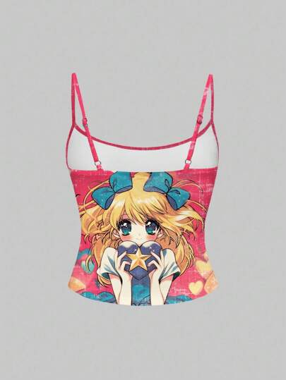 Anime Camiseta de tirantas sexy con gráfico de muñeca de niña de estilo kawaii inspirada en el anime para mujeres