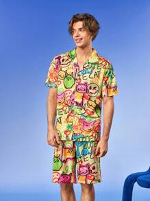 Notgurli Funny And Quirky European & American Style Men Short Sleeve Single Breasted Top And Shorts Pajama Set - Multicolor - View 5