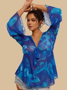 SHEIN VCAY 大码女式蝴蝶印花前系带喇叭袖时尚衬衫夏装女式夏季衬衫女式服装蓝色上衣女式蓝色夏季上衣皇家蓝上衣透明蓝上衣