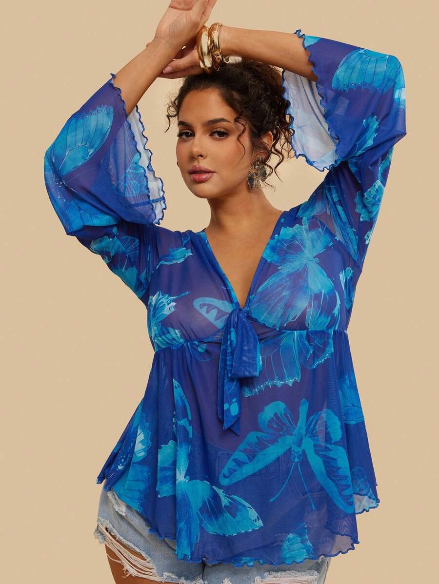 SHEIN VCAY 大码女式蝴蝶印花前系带喇叭袖时尚衬衫夏装女式夏季衬衫女式服装蓝色上衣女式蓝色夏季上衣皇家蓝上衣透明蓝上衣