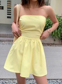 INAWLY Women's Summer Solid Color Ruffle Hem Pleated Mini Dress - Yellow - View 6