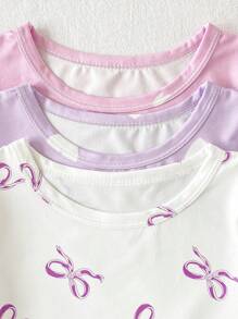 6 pezzi Set pigiama aderente per bimbe, con maglietta a maniche corte e pantaloni lunghi, motivo fiocco e cuore, tessuto elastico, lavabile in lavatrice, vestibilità comoda e facile da curare, adatto per bambine da indossare a casa come pigiama o abbigliamento casual, design minimalista facilmente abbinabile (3 set venduti separatamente)