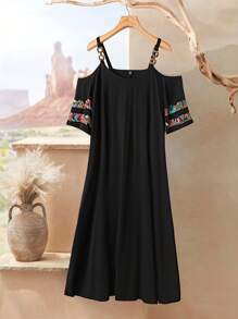 Mulvari Plus Size Round Neck Off Shoulder Mixed Fabric Splicing A-Line Casual Simple Dress - Black - View 1