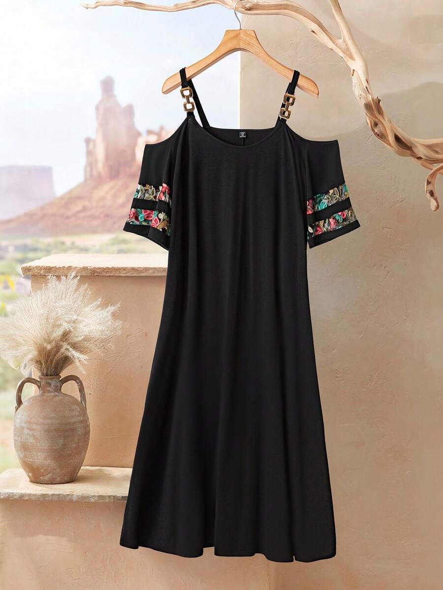 Mulvari Plus Size Round Neck Off Shoulder Mixed Fabric Splicing A-Line Casual Simple Dress - Black - View 1