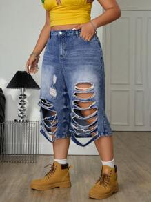 Jeanoix Plus Size Casual Distressed Loose Fit Denim Jeans - Blue - View 4