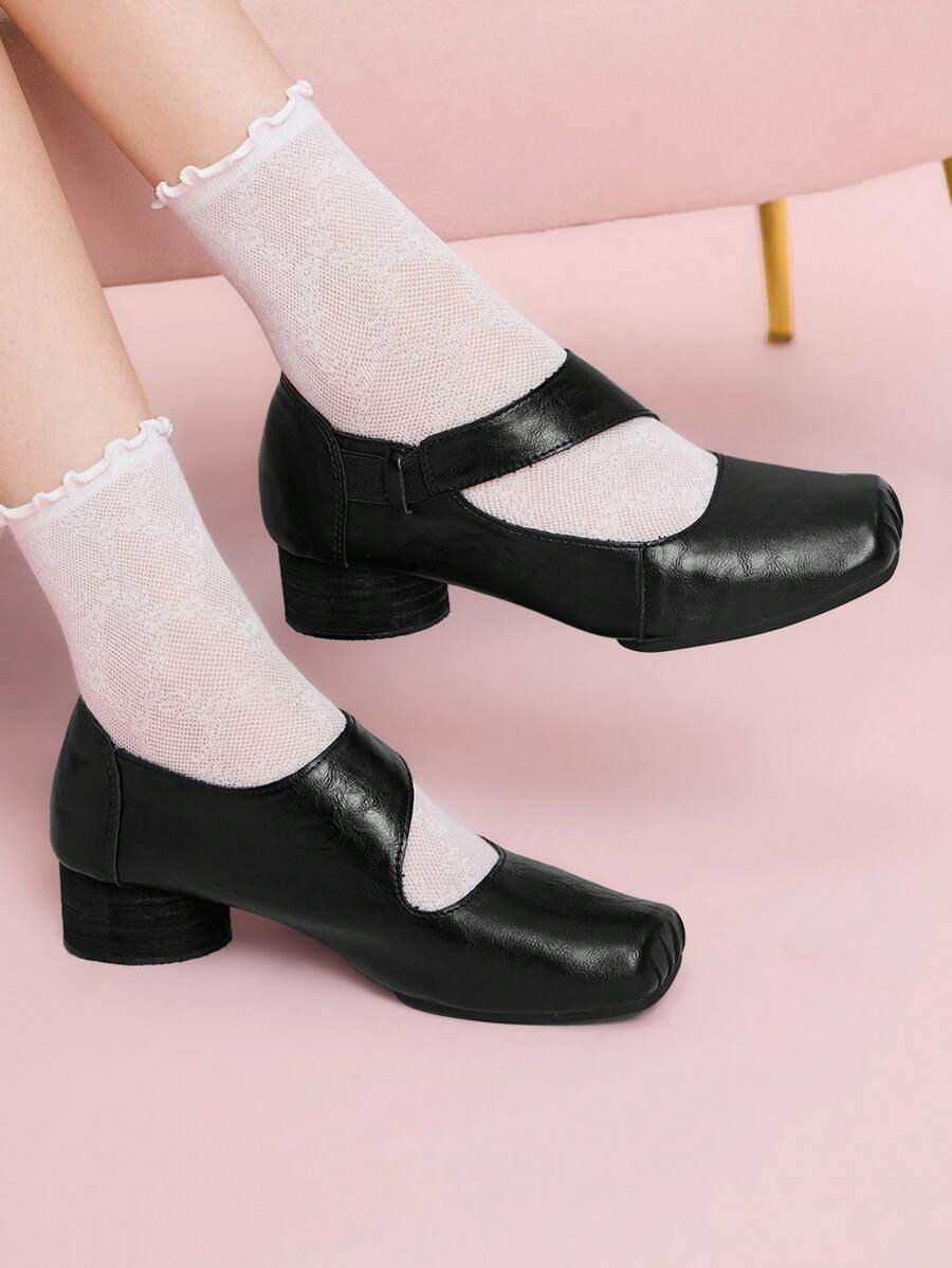 CUCCOO DOLLMOD Retro Square Toe Round Heel Mary Jane Heeled Shoes, Elegant Ballet Flats For Women - Black - View 1
