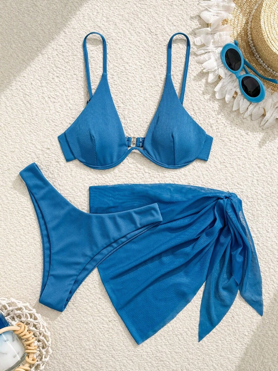 SHEIN Swim 女式夏季海滩纯色性感比基尼套装，带短款上衣和裙子，3 件套，带钢圈 - 霧霾藍 - 查看 1