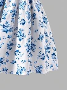 少女端庄优雅花卉印花针织无袖吊带背心裙，宽肩带，夏季舒适凉爽，新品，合身中长裙，适合学校，四季皆宜 - 藍色 - 查看 4