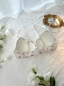DelicateAllure Sujetador con decoración de lazo, doble capa y orilla en forma de pastel, de malla con estampado floral pequeño, romántico y lindo, estilo kawaii