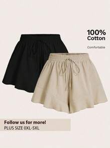 Elaquor 2 Pcs/Set Plus Size Solid Color Shorts With French Ruffle Hem