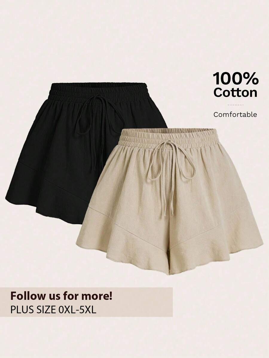 Elaquor 2 Pcs/Set Plus Size Solid Color Shorts With French Ruffle Hem