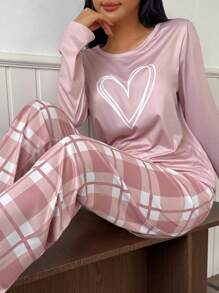 SHEIN Women's Chic And Comfortable Heart Print Long Sleeve Top And Long Plaid Pants Pajama Set, Loungewear Set, Fall Winter Clothes - Multicolor - View 3